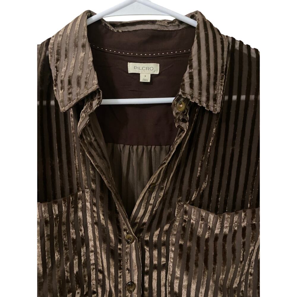 Pilcro Anthropologie Sheer Velvet Burnout Blouse Small Brown Button Up Shirt - Picture 8 of 13